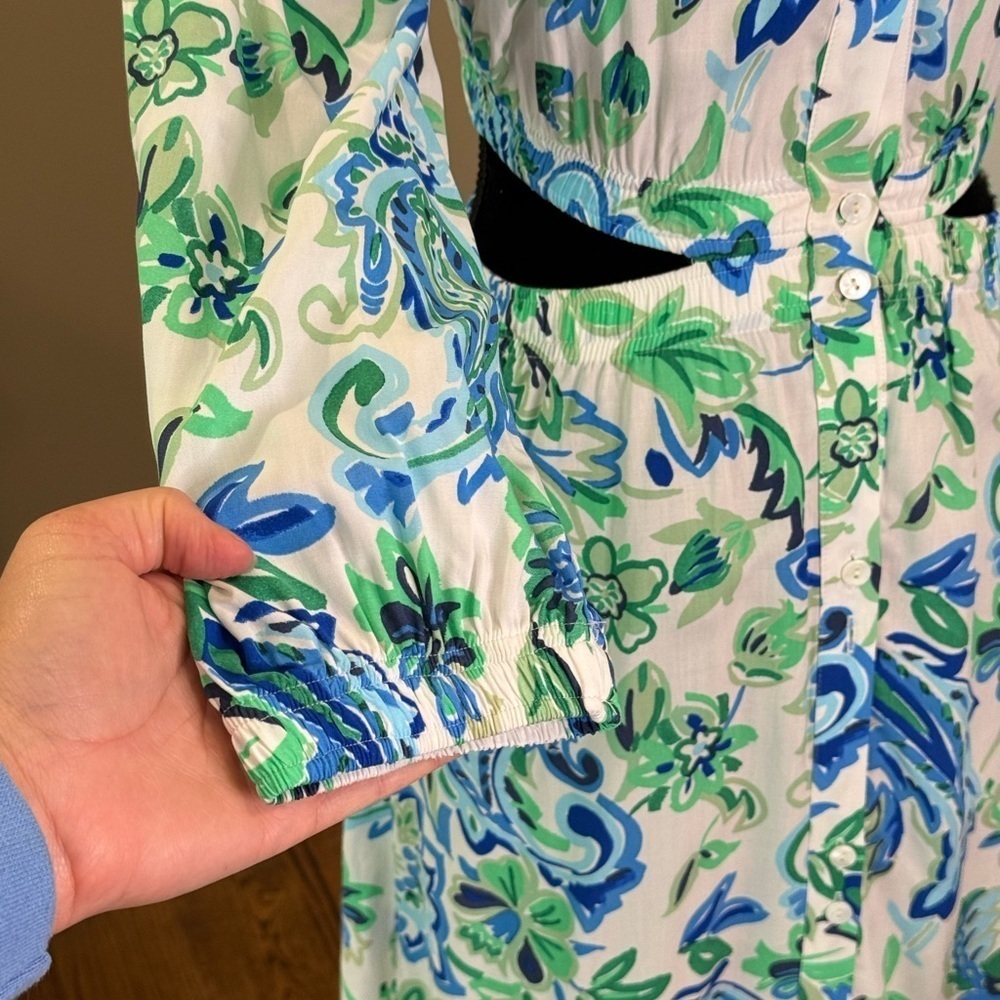 NWT Women’s ZARA Blue/Green paisley cutout midi button down dress- Size XS - Picture 7 of 11